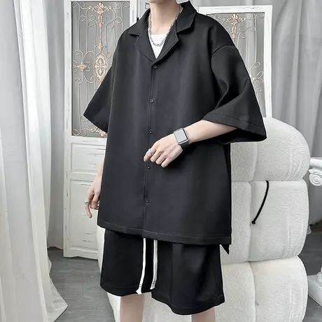 2023夏季男士休闲薄款衬衫潮流冰丝垂感西服套装男宽松时尚两件商品大图
