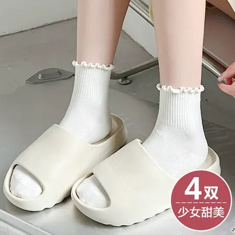纯白色木耳边袜子女春秋季短款搭配乐福鞋小皮鞋穿的中短筒潮棉袜图片