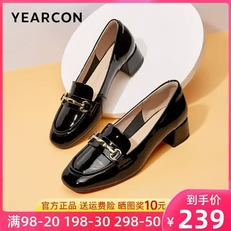 意尔康女鞋2024新款春季真皮乐福鞋女中跟粗跟浅口小皮鞋时尚单鞋商品大图