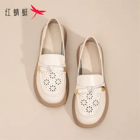 红蜻蜓镂空皮鞋女款2023新款透气乐福鞋夏季真皮软底妈妈鞋旗舰店商品大图