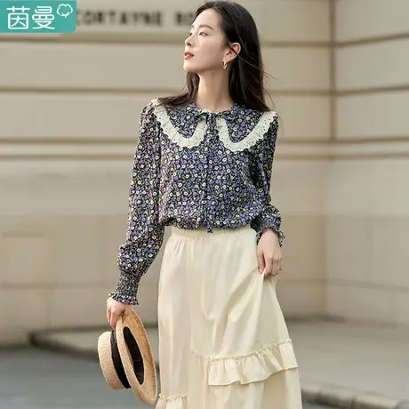 茵曼旗舰店法式碎花长袖衬衫女2023早春新款娃娃领衬衣雪纺衫上衣图片