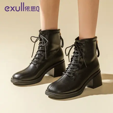 exull/依思Q马丁靴女英伦风2023年秋冬季新款韩版黑色短靴高跟商品大图