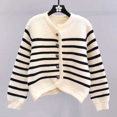 粗线条纹撞色毛衣外套女秋冬2023新款宽松复古高级感短款针织开衫商品大图