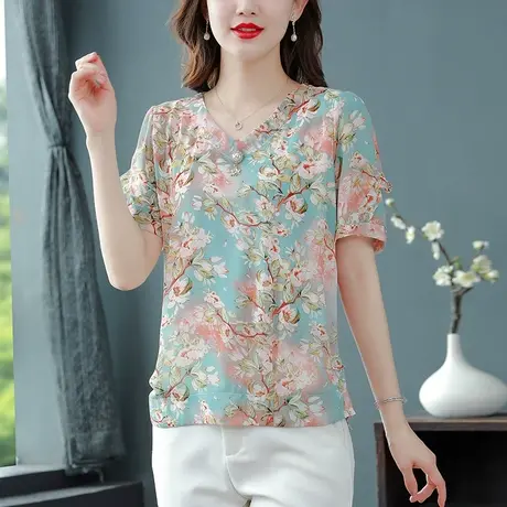 2023夏季新款雪纺衫短袖印花女上衣时尚百搭小衫宽松显瘦时尚女装图片