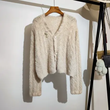 仿水貂绒毛衣外套开衫女秋冬新款宽松v领时尚短款长袖针织衫上衣商品大图