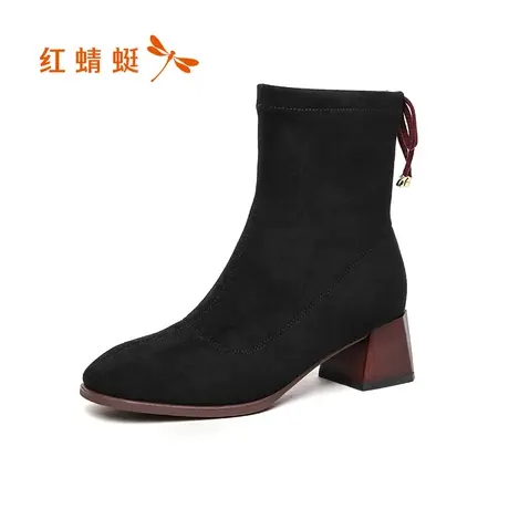 红蜻蜓女鞋2021年秋冬季短靴女切尔西靴弹力袜靴粗跟瘦瘦靴女靴子商品大图