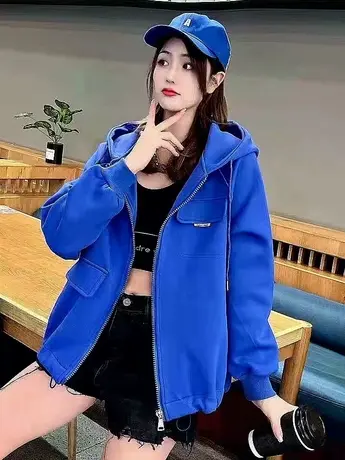 2023春季新款宽松克莱因蓝小个子时尚休闲短外套ins连帽开衫卫衣商品大图