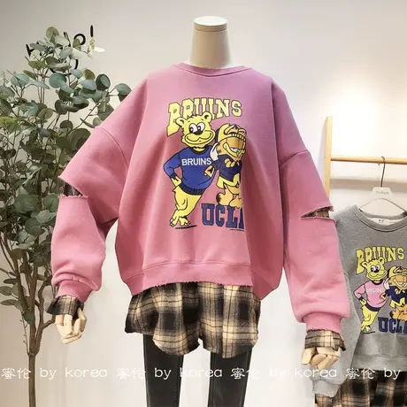 小众加绒卫衣韩国东大门2020秋冬假两件套装拼接衬衫保暖卫衣大码商品大图