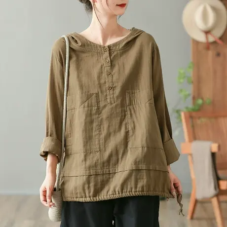 dza复古纯棉白色连帽宽松T恤女士春秋新款内搭上衣休闲长袖打底衫商品大图