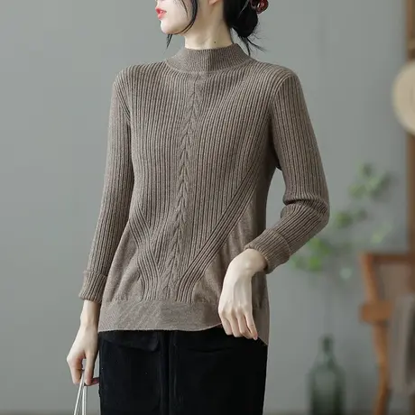 dza 文艺复古高领针织衫女士秋冬新款毛衣内搭宽松长袖休闲打底衫商品大图