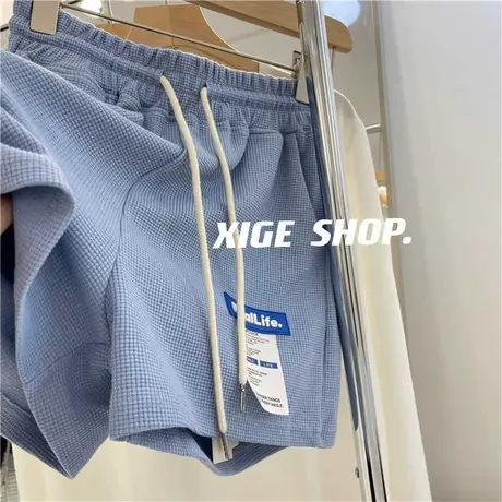蓝色字母贴标华夫格休闲短裤女夏季百搭薄款宽松阔腿运动裤个性潮商品大图