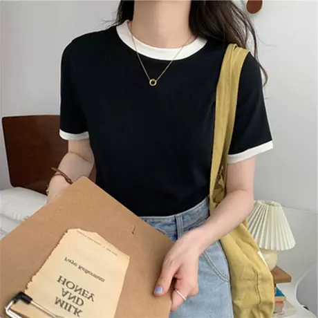 设计感小众拼色高腰短款正肩短袖T恤女夏装新款ins潮半袖上衣服商品大图