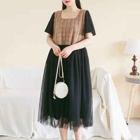 胖妹妹夏季2023新款蝴蝶袖重工立体花朵网纱撞色优雅方领连衣裙商品大图