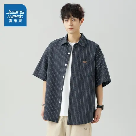D4真维斯男装短袖衬衫 2025夏季新款港风翻领宽松休闲条纹衬衫潮图片