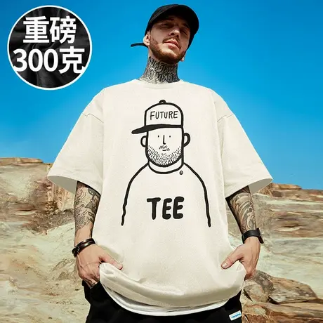 100%纯棉300g重磅潮牌宽松T恤短袖五分袖加肥加大码男装半袖夏季商品大图