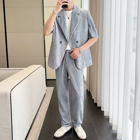 微皱肌理感七分袖西服男夏季休闲松驰感宽松冰丝外套垂感西装一套图片
