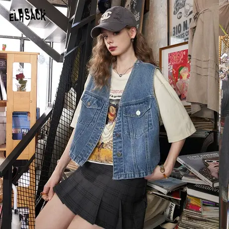 妖精的口袋复古牛仔马甲女2023秋季新款v领短款小个子无袖上衣潮图片