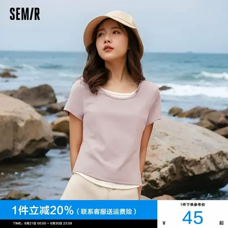 森马短袖T恤女短款假两件显瘦正肩2025夏季新款拼接气质粉色半袖图片