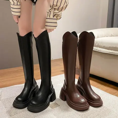 法式v口长筒靴女显瘦骑士靴2023新款初秋粗跟高跟小个子复古靴子商品大图