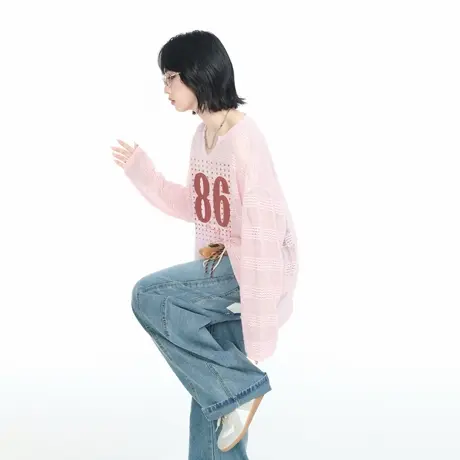粉色镂空V领长袖T恤上衣女夏秋2025新款美式复古数字印花罩衫潮流商品大图