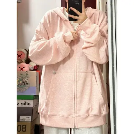 粉色连帽衫卫衣女春秋季洋气减龄百搭宽松显瘦拉链外套上衣ins潮商品大图
