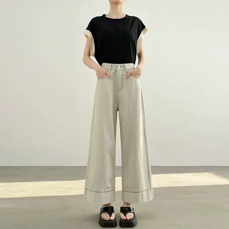 九分米白色牛仔裤女2025年春秋新款高腰宽松八分小个子直筒阔腿裤商品大图