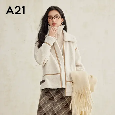 A21女装针织宽松立领落肩开襟毛绒外套时尚撞色拼接翻领外套商品大图