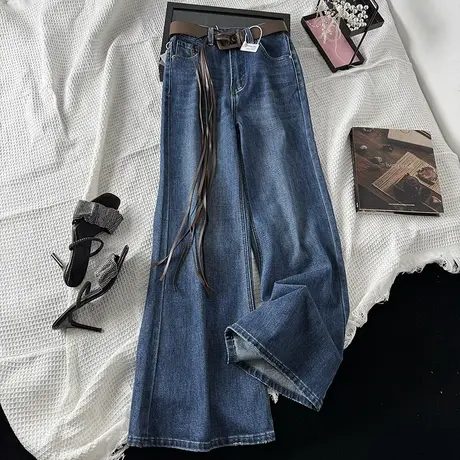 高腰复古水洗深蓝牛仔微喇裤女2025秋季新款弹力直筒喇叭裤配腰带商品大图