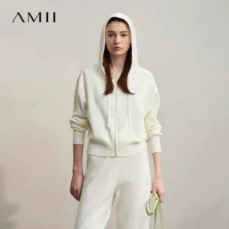 Amii2025秋新款极简宽松弹力连帽落肩长袖拉链毛织开衫女商品大图
