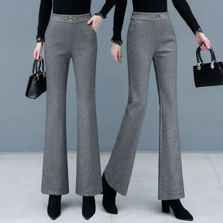 人字纹毛呢微喇裤子女2023秋冬新款高腰修身显瘦喇叭裤松紧腰长裤商品大图
