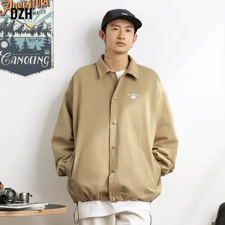 男生卡其色外套男复古质感斜纹教练夹克秋季2023新款休闲翻领上衣商品大图