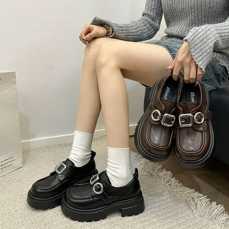 厚底增高乐福鞋女2025年秋季新款英伦风配jk小皮鞋一脚蹬气质单鞋图片