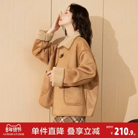 唐狮秋冬季新款仿麂皮绒外套女拼接仿羊羔毛保暖加厚外套休闲W1商品大图