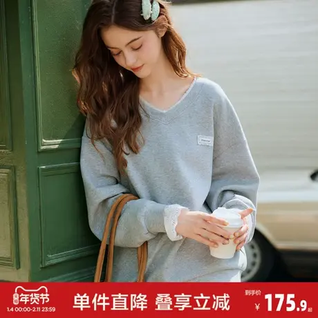 唐狮2026春季女卫衣V领蕾丝花边设计感浅麻灰宽松休闲上衣时尚图片