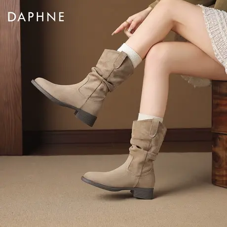 达芙妮美拉德短靴女2026新款冬季马丁靴粗跟堆堆靴加绒西部牛仔靴图片