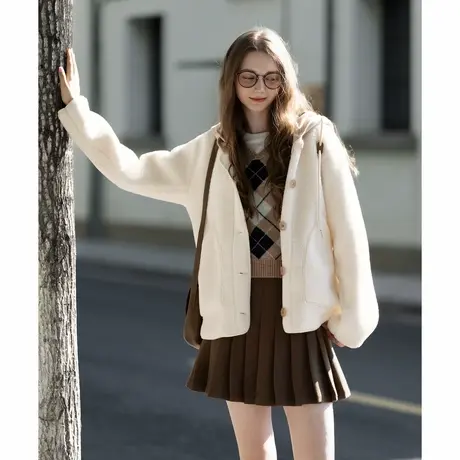 唐狮新款春季假两件针织帽仿羊羔毛厚外套女休闲百搭连帽潮VTUTA图片