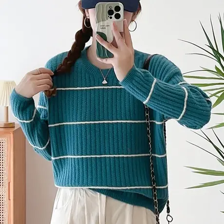夹色条纹圆领针织套头打底衫2023秋冬新款宽松时尚保暖毛衣女上衣商品大图