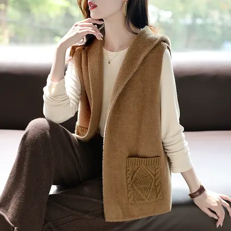 宝诗黎连帽针织拼接马甲开衫外套女秋季慵懒宽松外搭无袖口袋上衣商品大图