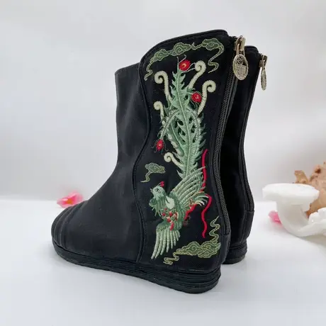 【龙凤】汉舞民族风千层底新款后拉链内增高刺绣单靴图片