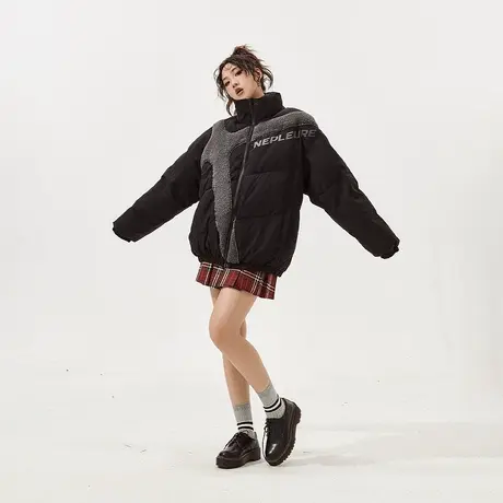 YEP黑色羊羔毛拼接棉服女加厚冬季外套新款复古宽松oversize棉衣图片