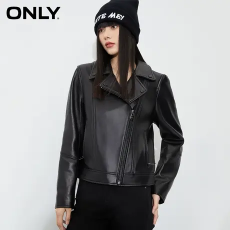 【买5免1】ONLY奥莱冬季新款时尚修身拉链机车风小羊皮外套女商品大图