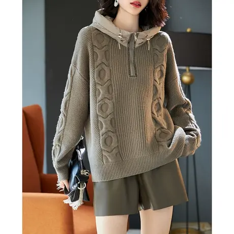 宝诗黎拼接连帽慵懒套头毛衣女2023秋冬季新款宽松落肩羊毛针织衫商品大图