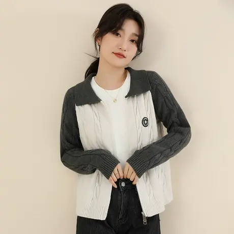 新品8.5折】洋气POLO领开衫毛衣外套女厚时尚休闲上衣图片