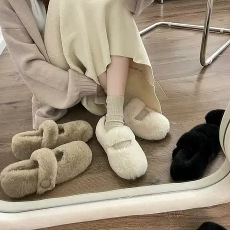 网红白色毛毛鞋女外穿2022秋冬新款孕妇鞋一脚蹬豆豆鞋加绒棉瓢鞋商品大图