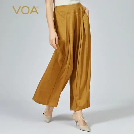 VOA暗纹提花桑蚕丝棕黄色侧插袋育克褶轻盈垂顺原创真丝阔腿裤商品大图
