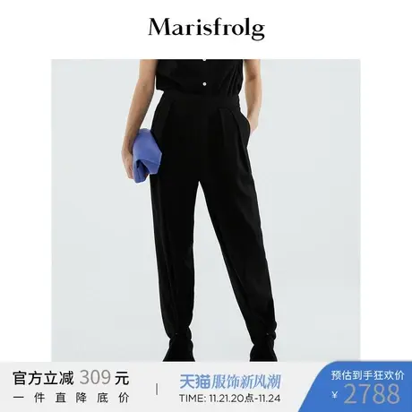 【会员价1050元】玛丝菲尔夏季新款黑色长绒棉文艺阔腿休闲裤图片