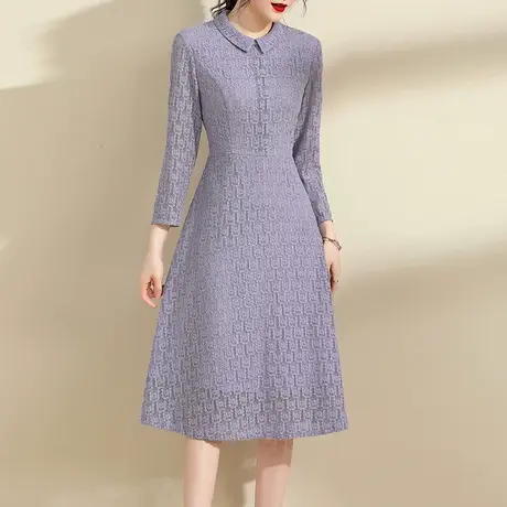 水墨青华2024春装新品时尚百搭打底裙优雅显瘦紫色蕾丝连衣裙女图片