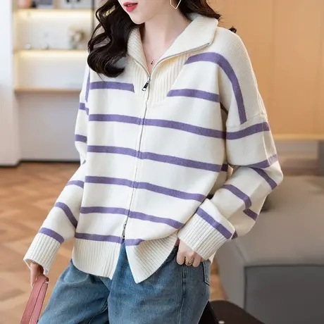 23106女士开衫毛衣外套宽松针织衫条纹长袖韩版上衣拉链打底衫图片