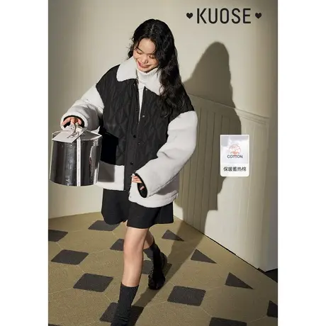 阔色羊羔毛拼接假两件菱格棉服女2023秋冬季新款夹棉大衣外套商品大图