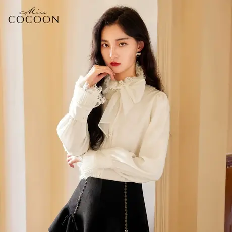 miss COCOON法式宫廷风衬衫女2023新款春秋季长袖娃娃领缎面上衣商品大图